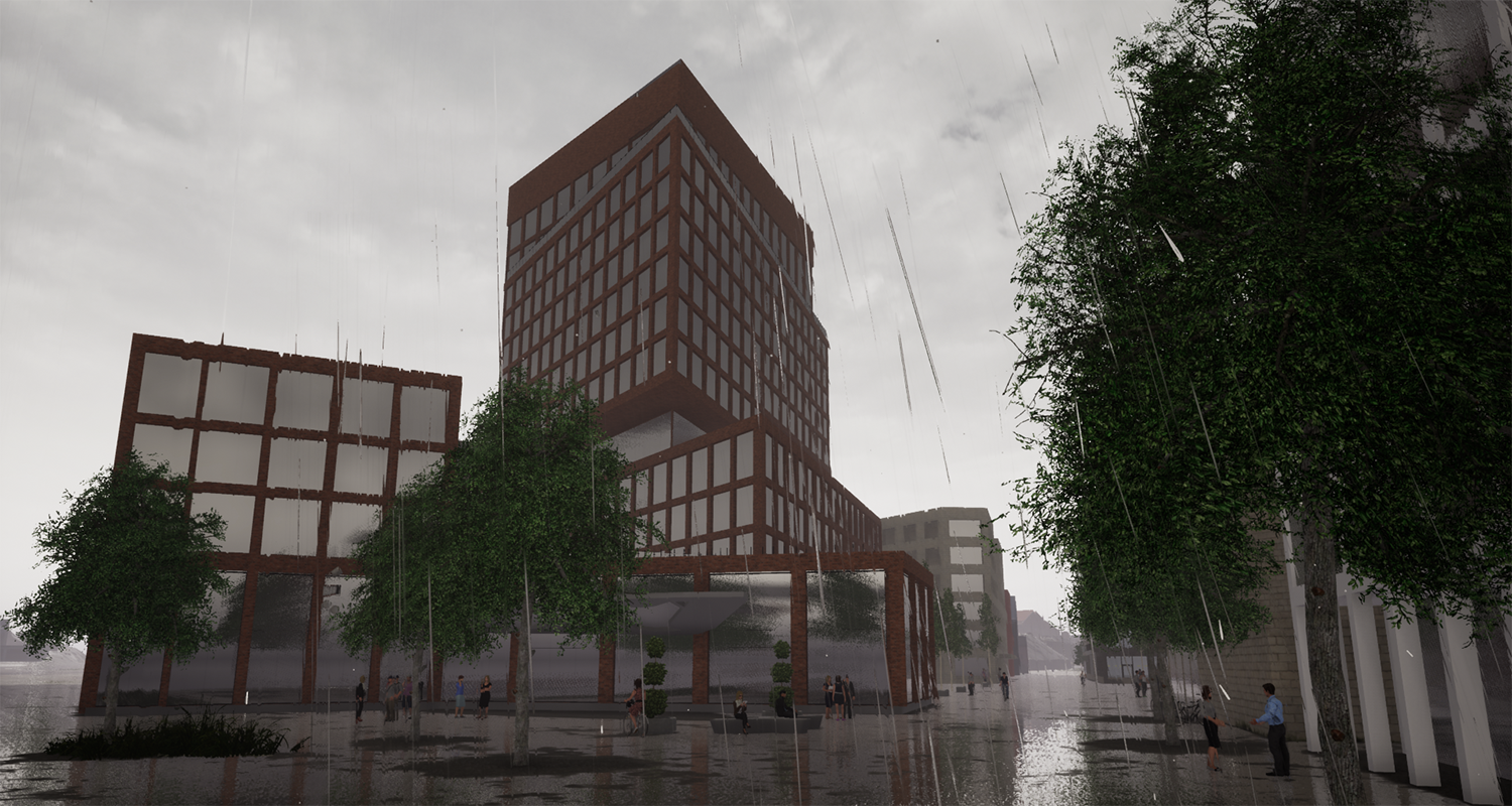 Visualisering av nya hotellet i Västerport, i regn.