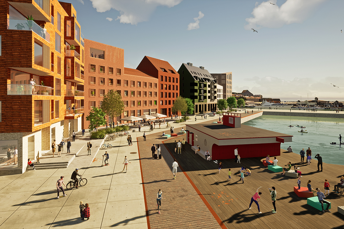 Visualisering av kommande Kajpromenaden i Västerport. Människor flanerar längs en bred kajpromenad som löper längs med vattnet