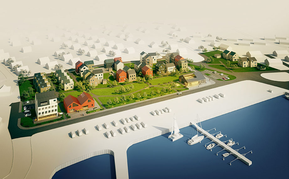 Skiss över Bua hamn med nytt område som innehåller hus och verksamhetslokaler.