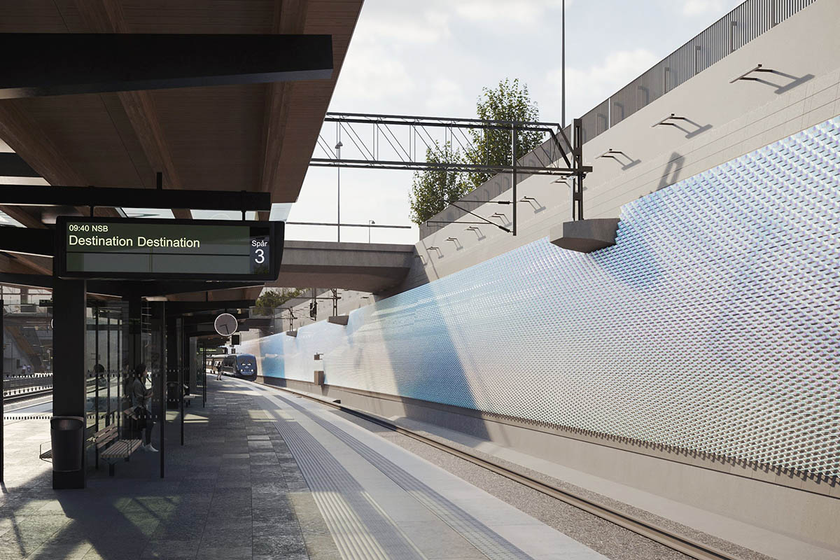 Skiss över perrongen på framtida stationen med ett konstverk monterat på västra väggen. Illustration: 10A