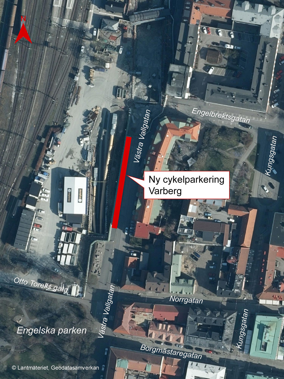 Karta som visar den nya cykelparkeringen på Västra Vallgatan, söder om Engelbrektsgatan. Källa: Trafikverket