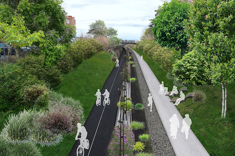 Skiss som visar hur spårområdet kan förvandlas till gång- och cykelväg med omkringliggande grönska. 