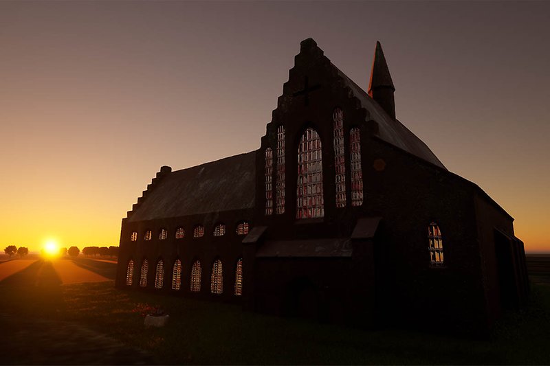 Rekonstruktion av hur klostret i Ny Varberg kan ha sett ut i solnedgång. 