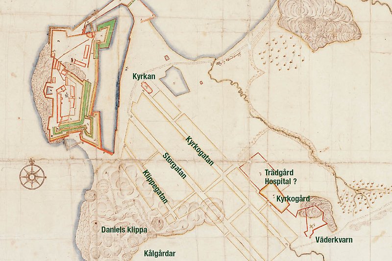 Karta över hur staden på Platsarna såg ut med fästningen i väster.